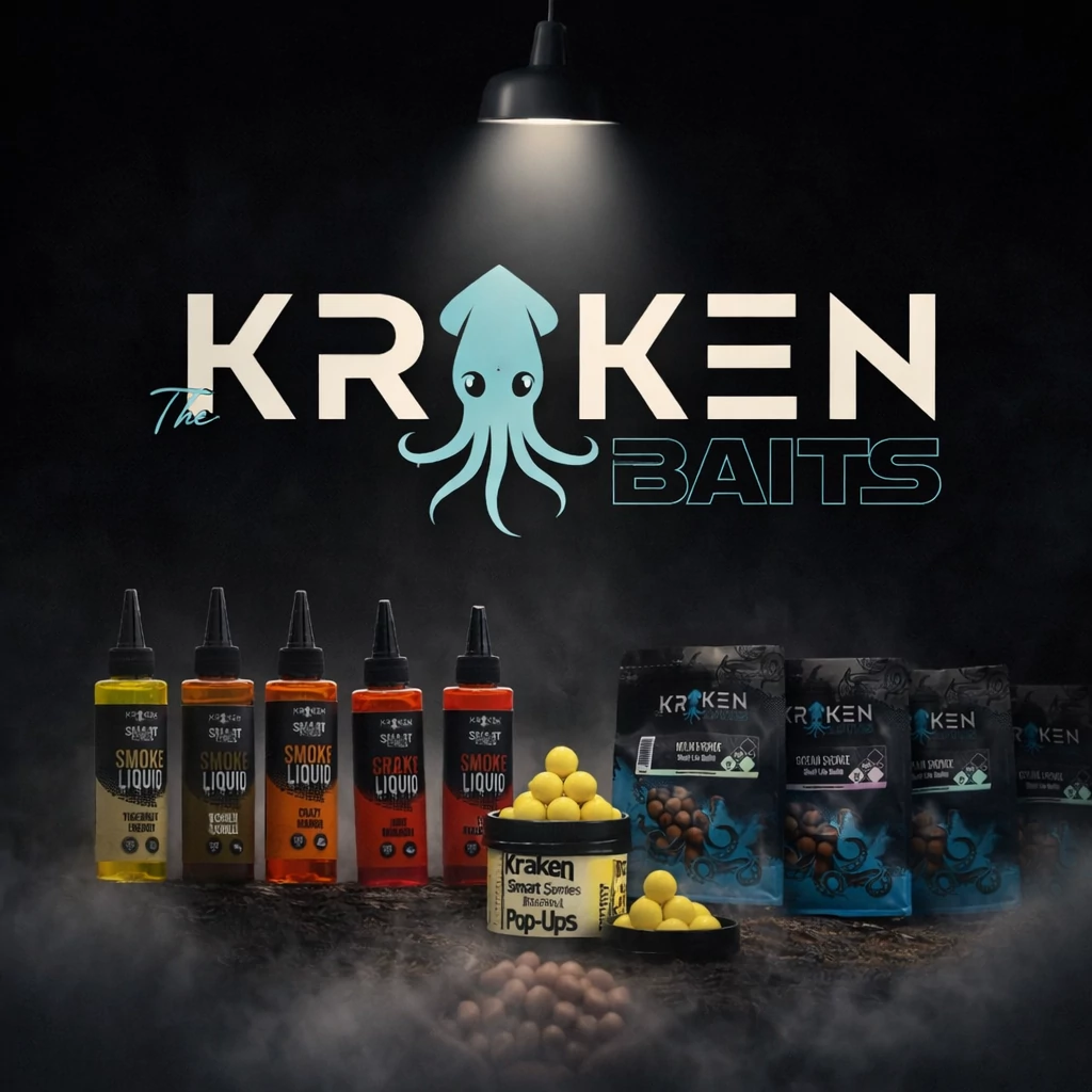 Kraken Baits logó és horgász csalik fekete háttéren